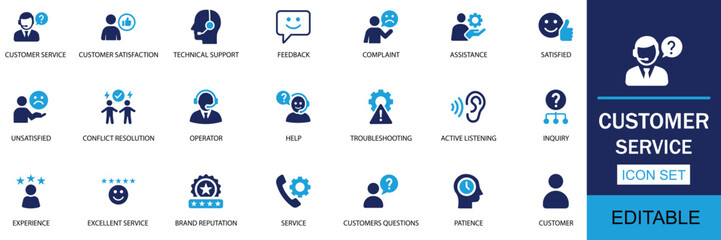 Customer service icon set. Featuring satisfied clients, assistance tools, user experience, feedback management, operator helpdesk, and technical support. Professional solid vector icon collection.