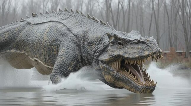 A giant dynosaur is jumping from the water with an opened mouth and giant teeth, looks realistic.