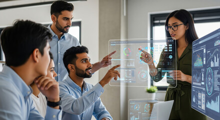 Diverse Business Team Interacting with Futuristic Holographic Interface