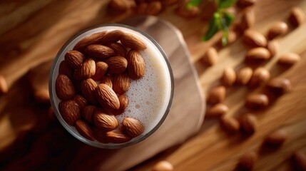 Overhead View of Creamy Almond Milk Drink Garnished with Almonds on Wooden Surface