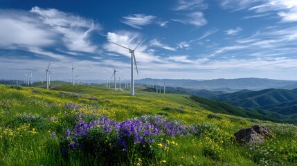 Wind Turbines on a Hillside Wildflower Meadow