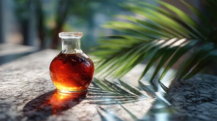 Amber Glass Bottle of Oil with Palm Leaf