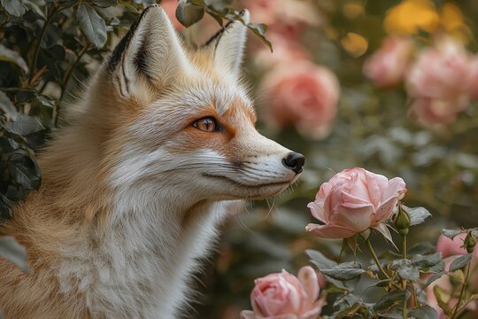 A beautiful fox in the middle of a field of pink roses at the morning. Generative AI Illustration - Powered by Adobe