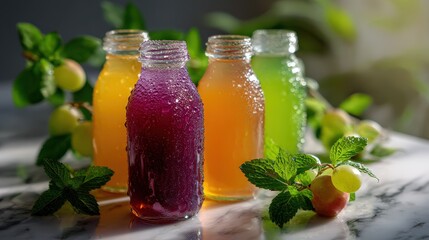 Colorful Fruit Juices in Glass Bottles on Marble Table
