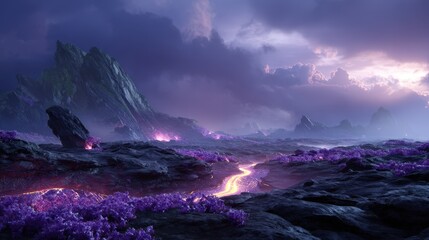 Alien Volcanic Landscape with Purple Flora and Magma River at Sunset