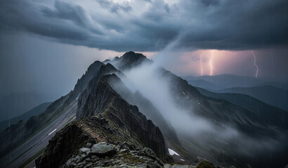 Dramatic Mountain Range with Storm Clouds and Distant Lightning
