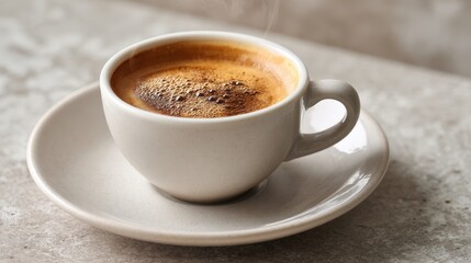 Espresso in Speckled White Cup on Neutral Background