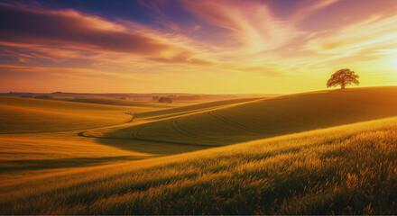 Vibrant Landscape Scene with Tree in Rolling Hills, Nature Photography, Tranquil Environment, Wide-Angle View