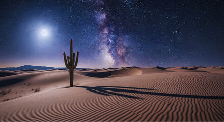 Milky Way Over Desert Landscape with Saguaro Cactus at Night, Stunning Celestial View, Tranquil Environment