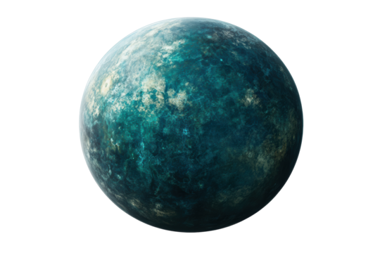 A deep teal planet with scattered light patches.
