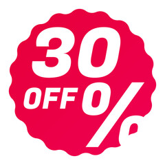 30% Off Round starbursts zigzag shape sales badge icon in red color, Shopping label concept for sales tags. Colorful flat design for app ads web button ui ux elements isolated on white background