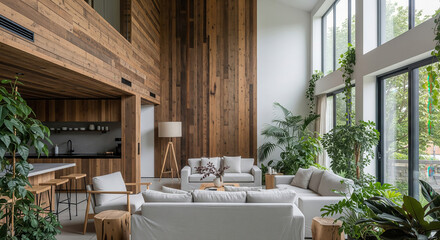 Modern Open-Concept Living Room with High Ceilings and Natural Light