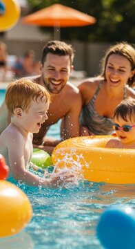 Family enjoying summer fun in outdoor pool with inflatable toys