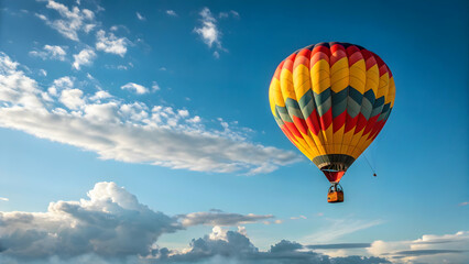 Fototapeta premium Colorful hot air balloon soars through a beautiful blue sky dotted with fluffy clouds on a bright sunny day.