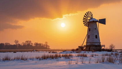 Serene Winter Sunset: Historic Windmill in Snowy Landscape - Ideal for travel, nature, and historical design projects