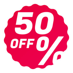 50% Off Round starbursts zigzag shape sales badge icon in red color, Shopping label concept for sales tags. Colorful flat design for app ads web button ui ux elements isolated on white background