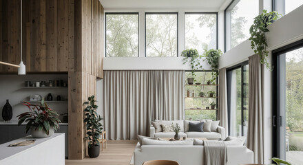 Modern Open-Concept Living Room with High Ceilings and Natural Light