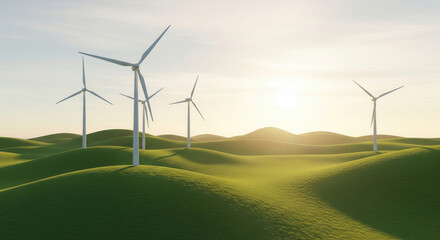 Wind Turbines on Green Rolling Hills at Sunset for Renewable Energy