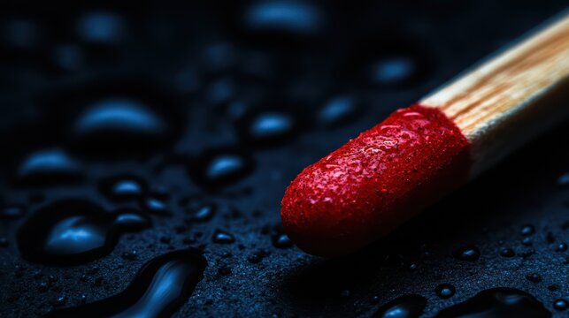 Close-up of a single red matchstick head on a dark wet surface.