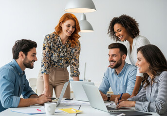 Happy Business Team Collaborating and Discussing Ideas in Modern Office