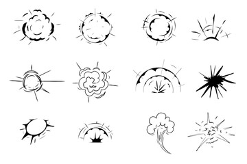 Explosion effect comic manga line sketch. Motion anime explode, radial action burst. Round explosions cloud silhouette.