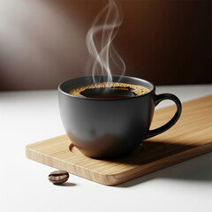 Steaming Cup of Freshly Brewed Coffee with Bean on Saucer