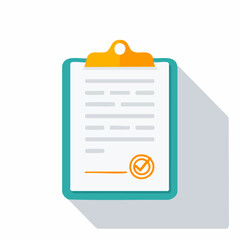 A flat, illustrated clipboard with a document, checkmark, and shadow.