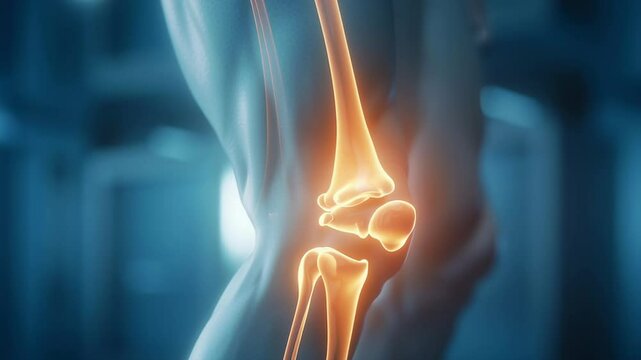 A knee is shown with a yellow bone in it. The knee is bent and the bone is in the middle of the knee