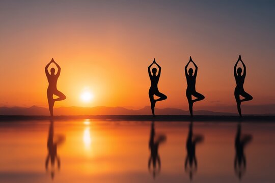 female silhouettes sunset yoga, group tree pose reflection, harmony together concept