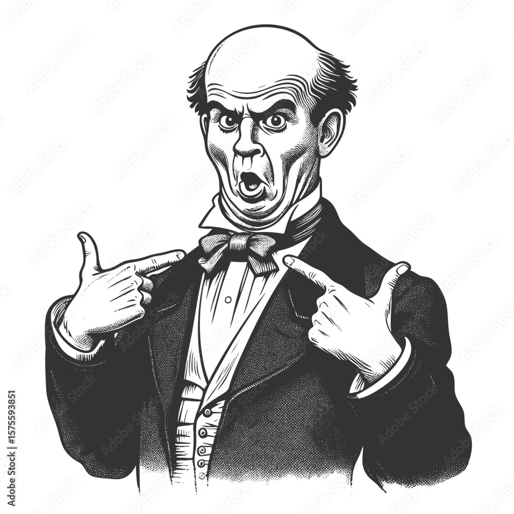 Poster bald man in formal attire, dramatically pointing at himself with an astonished expression sketch eng