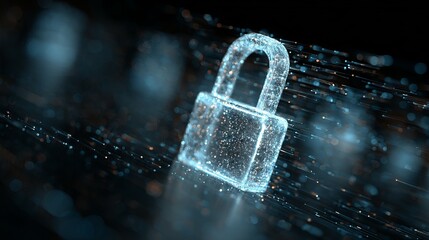 A digital lock icon represented by luminous particles, symbolizing security and data protection in a virtual environment.