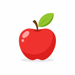 A vibrant red apple with a single green leaf, depicted in a simple, cartoonish style against a white background.