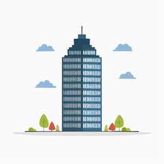 Illustration of a modern skyscraper with trees and clouds against a white background.