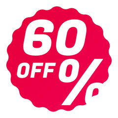 60% Off Round starbursts zigzag shape sales badge icon in red color, Shopping label concept for sales tags. Colorful flat design for app ads web button ui ux elements isolated on white background