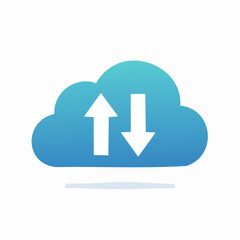 Cloud computing data transfer; upload and download arrows inside a stylized blue cloud.