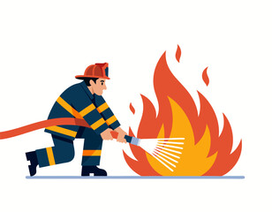 Firefighter in uniform extinguishing a fire with a hose, spraying water on the flames.