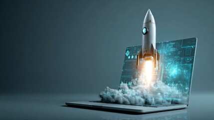 A sleek rocket launching from a laptop, symbolizing innovation and technology in the modern digital landscape.