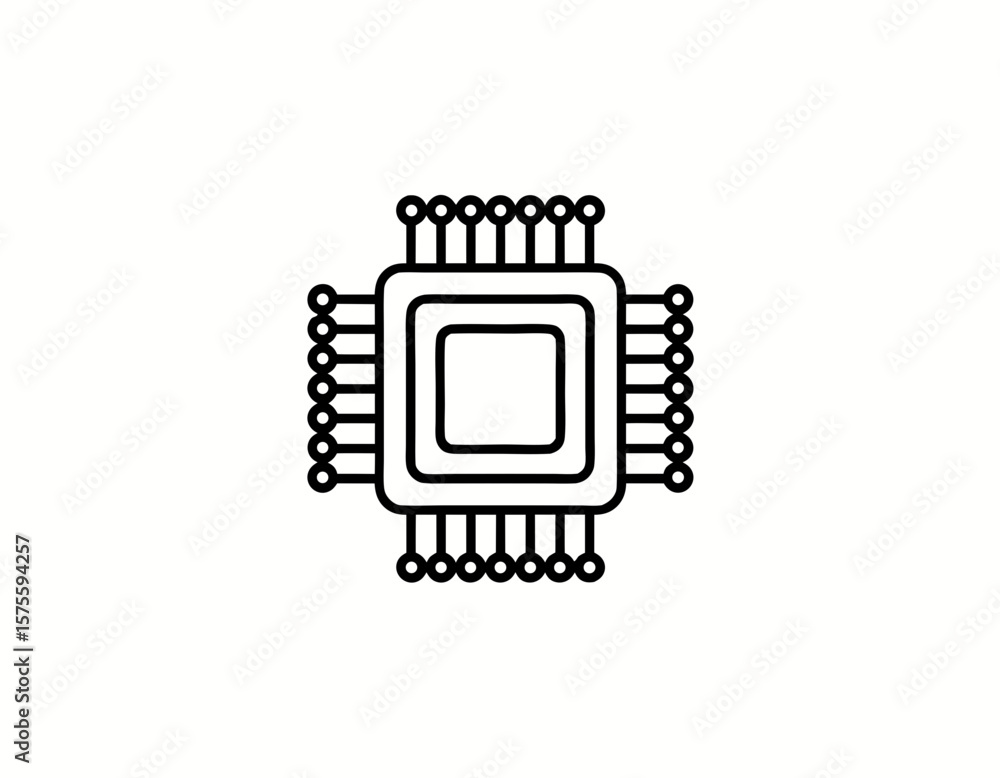 Aufkleber a minimalist line drawing of a computer chip with visible pins, centered on a white background.
