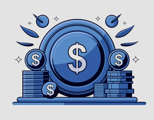 Illustration featuring a large blue coin with dollar sign and stacked smaller coins.