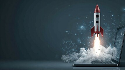 A red and white rocket launching from a laptop, symbolizing innovation and technological advancement. Vibrant colors enhance the dynamic scene.