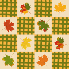 Square autumn background. Red, yellow and orange maple leaves on beige background. Green checkered pattern on yellow background. Vector illustration. Fashionable modern banner for sale and discount.