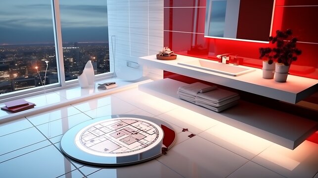 Tablet with ultra-modern bathroom concept laid on top of detailed floor plans, illuminated by natural light on a concrete desk, red drawing pencil and open metal compass nearby .