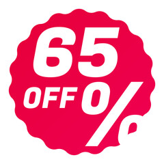 65% Off Round starbursts zigzag shape sales badge icon in red color, Shopping label concept for sales tags. Colorful flat design for app ads web button ui ux elements isolated on white background