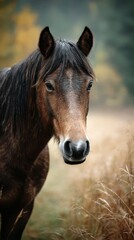Obraz premium Majestic horse grazing in a serene meadow during early morning light
