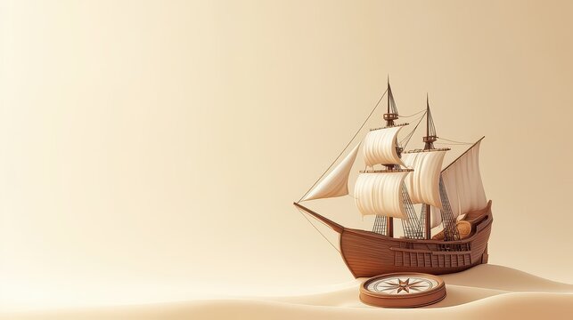 Sailing ship with compass sand adventure travel.