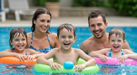 Family enjoying summer pool time with inflatable toys