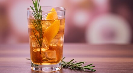 Refreshing iced tea with orange and rosemary garnish in a rustic setting