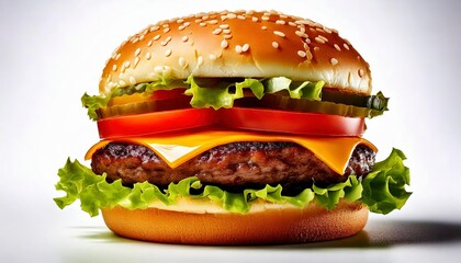 A juicy burger with layers of lettuce, tomato, and cheese