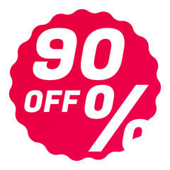 90% Off Round starbursts zigzag shape sales badge icon in red color, Shopping label concept for sales tags. Colorful flat design for app ads web button ui ux elements isolated on white background