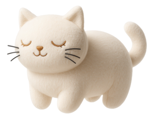 A pillow toy resembling a cute cat with whiskers and a tail, designed for an apartment living room sofa.